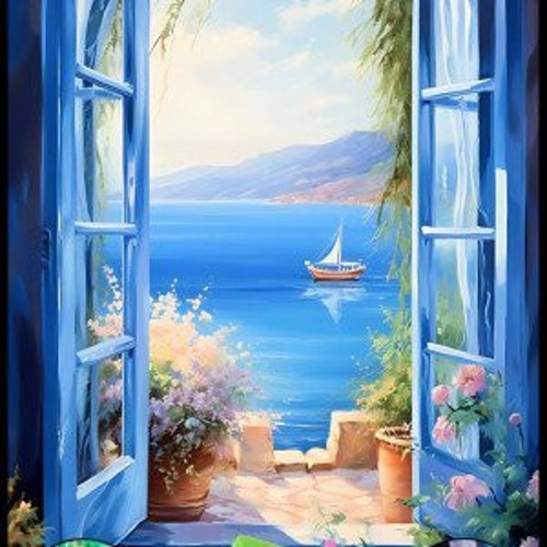 Mavi pencere ve deniz manzarası sayılarla boyama elmas hobi seti