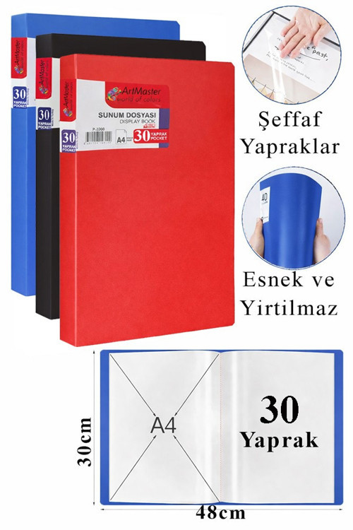 Mavi Siyah Kırmızı Sunum Dosyası 30 lu 3 Adet Poşet Dosyalı Katalog Dosyası 30 Poşetli Kendinden Dosya Plastik Kapaklı