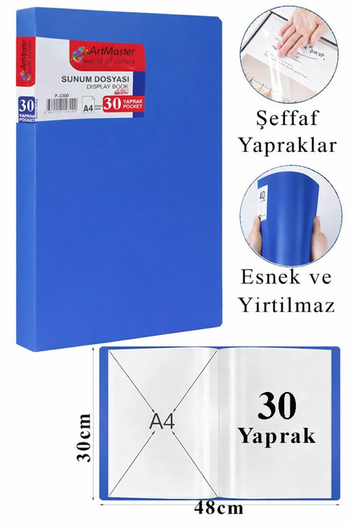 Mavi Sunum Dosyası 30 lu 1 Adet Poşet Dosyalı Katalog Dosyası 30 Poşetli Kendinden Dosya Plastik Kapaklı