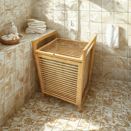 AHŞAP BAMBU KİRLİ ÇAMAŞIR SEPET KUMAŞ ÇANTALI SEPET=40X35X60CM (4887)