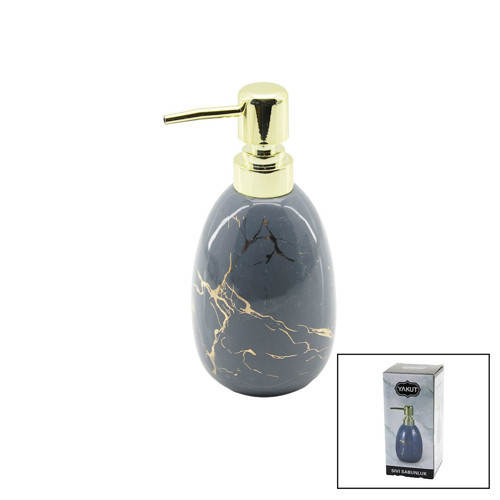 DİKEY TOMBUL GRİ MERMER DESEN SERAMİK SIVI SABUNLUK GOLD KAPAK (4887)
