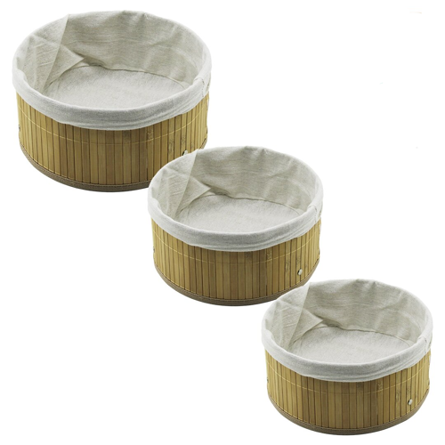 3 BOY YUVARLAK BAMBU KENAR ORGANİZER SEPET AHŞAP ALTLIK - BEZLİ 21X25X28CM (4887)