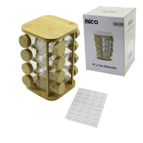 16PCS KARE - DÖNER STANDLI CAM - BAMBU KAPAK TUZLUK - BAHARATLIK BAMBU STAND (4887)