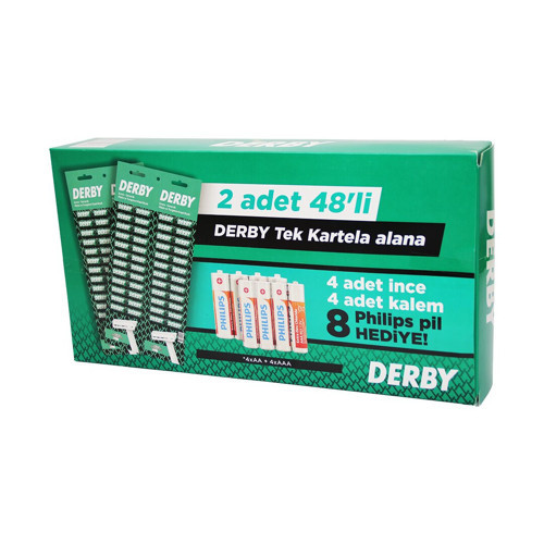 DERBY TEK BIÇAK KARTELALI JİLET 96 PARÇA 4 KALEM 4 İNCE PİL HEDİYELİ (4887)