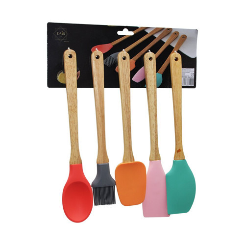 5 PARÇA AHŞAP SAPLI BÜYÜK RENKLİ SİLİKON MUTFAK SET FIRÇA - KAŞIK - SERVİS K. - SPATULA -