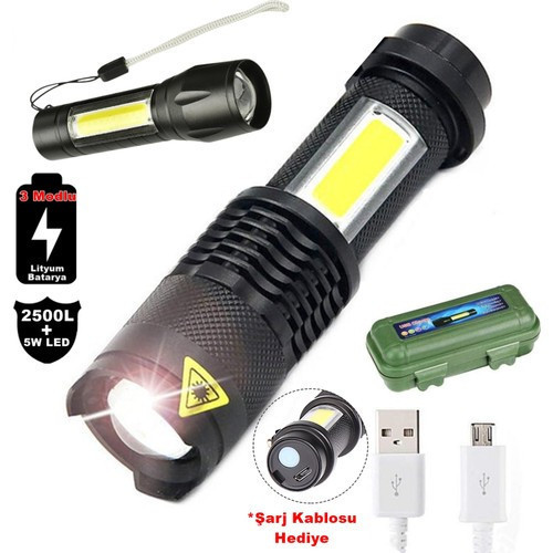 2500 Lumens + 5W COB LED USB Lion Şarjlı Ultra Güçlü Q5 XPE Su Geçirmez Şarjlı El Feneri (48