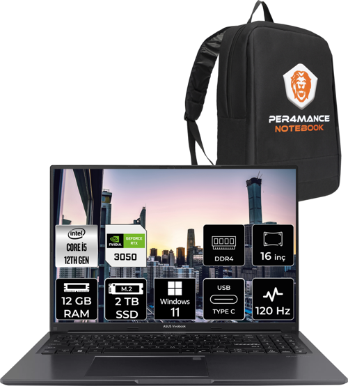 Vivobook 16X K3605ZC i5 12450H 12GB 2TB SSD RTX3050 16'' FHD W11HOME N1013W & PER4 Çanta