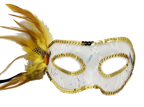 Altın Renk Yandan Tüylü Pul Payet İşlemeli Parti Maskesi 23x12 cm (4887)
