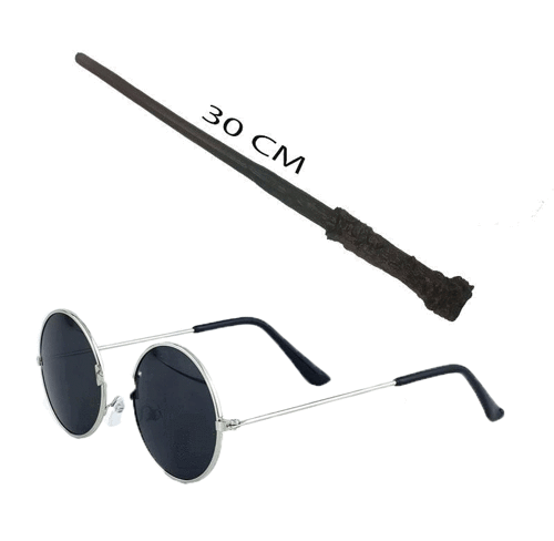 Harry Potter Asası 30 cm ve Siyah Metal Çerçeveli Harry Potter Gözlüğü Seti (4887)