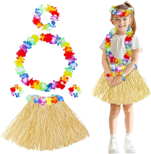 Yetişkin Çocuk Hawaii Parti Seti - 40 cm Naturel Etek + Çiçek Aksesuarlar (5 Parça) (4887)