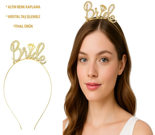 Altın Renkli Taşlı “Bride” Gelin Tacı – El Yazısı Yazı Tipiyle (4887)