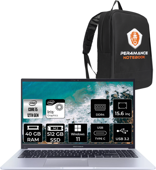 Vivobook 15 X1502ZA i5 1235U 40GB RAM 512GB SSD 15.6'' FHD W11HOME EJ030W & PER4 Çanta