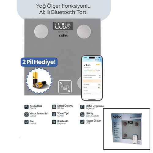 GRİ YAĞ ÖLÇER AKILLI BLUETOOTH CAM BASKÜL PİLLİ 180KG/50GR 26X26CM 8-KİŞİ HAFIZA LCD EKRAN