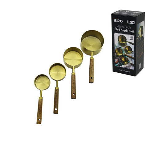 4 PCS GOLD METAL ÖLÇÜ KAŞIK SETİ OTANTİK AĞAÇ KULP 250ML - 125ML - 80ML - 60ML (4887)