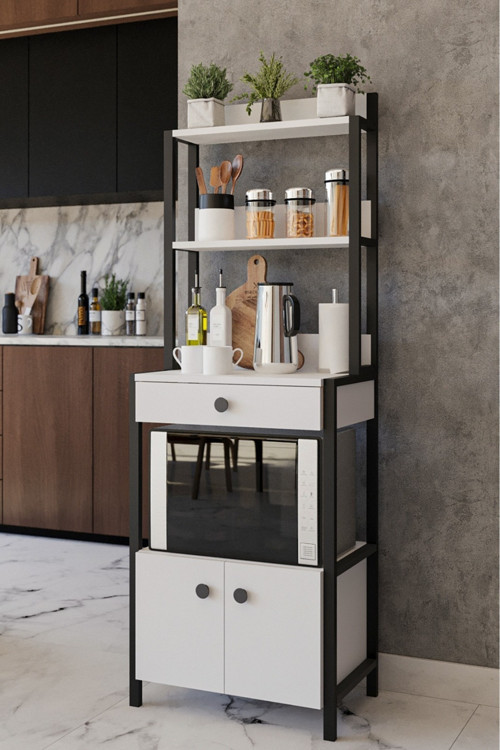 Beyaz Çekmeceli 2 Kapaklı Çok Amaçlı Dolap Mutfak Bangosu Mikrodalga Fırın Mini Fırın Dolabı