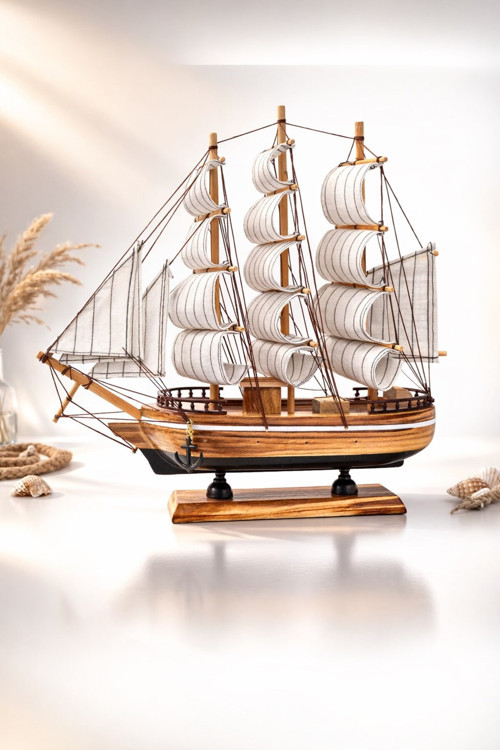Dekoratif Premium Ahşap El Yapımı Yelkenli Gemi Maketi Masa Üstü Biblo Hediye 33 X 33 CM 531-BD