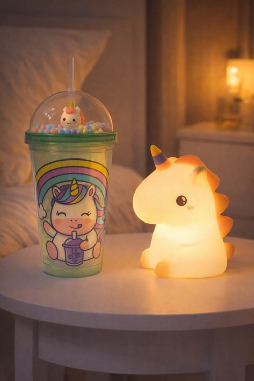 2'Li Set Işıklı Renkli Unicorn Figürlü Gece Lambası & Pipetli Boncuk Detylı Suluk Bardak Yeşil 450ML