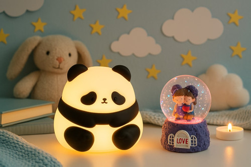2 li Sevgiliye Romantik Hediye Seti Slikon Panda Renkli LED Gece Lambası ve 9 Cm Love Kar Küresi Set