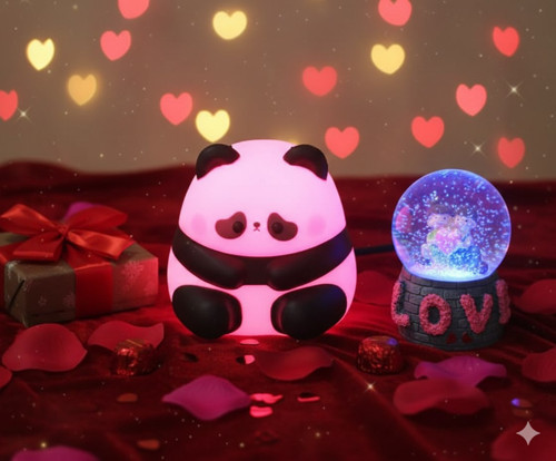 2 li Sevgiliye Romantik Hediye Seti Slikon Panda Renkli LED Gece Lambası ve 9 Cm Love Kar Küresi Set