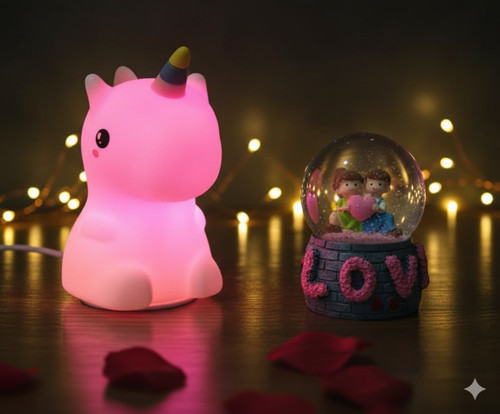 2 li Sevgiliye Romantik Hediye Seti Unicorn Çok Renkli LED Gece Lambası ve 9 Cm LOVE Kar Küresi Seti