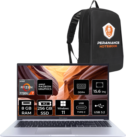 Vivobook 15 M1502YA RYZEN 7 7730U 8GB RAM 256GB SSD 15.6'' FHD W11HOME NJ119W & PER4 Çanta