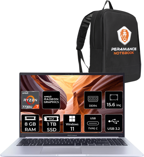 Vivobook 15 M1502YA RYZEN 7 7730U 8GB RAM 1TB SSD 15.6'' FHD W11HOME NJ119W & PER4 Çanta