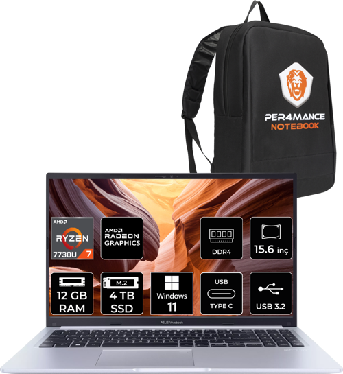 Vivobook 15 M1502YA RYZEN 7 7730U 12GB RAM 4TB SSD 15.6'' FHD W11HOME NJ119W & PER4 Çanta