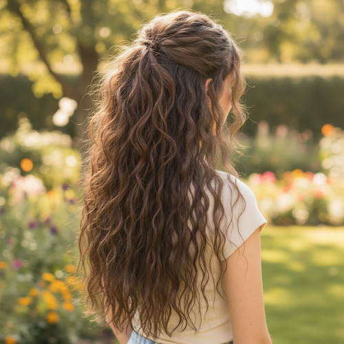 Fiber Sen Kabarık Dalgalı Yarım Ay + 2 Yan Çıt Çıt / Açık Kahve