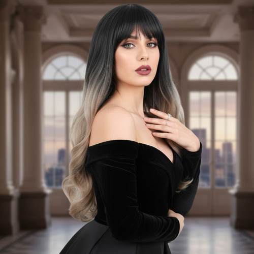 Kahküllü Uzun Dalgalı Fiber Sen Peruk / Siyah / Küllü Bebek Sarı Ombreli