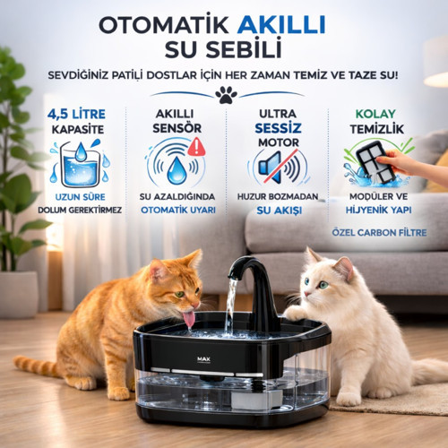 Akıllı Otomatik Kedi Köpek Su Sebili 4.5L | Sessiz Motorlu Sensörlü Pet Su Pınarı | Karbon Filtreli Akıllı Su Kab