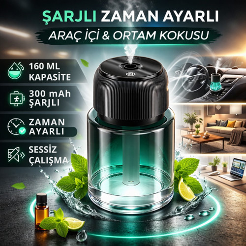 Şarjlı Araç İçi Ortam Koku Difüzörü | Zaman Ayarlı | Sessiz Çalışma | 160ML Kapasiteli | 300mAh Şarjlı