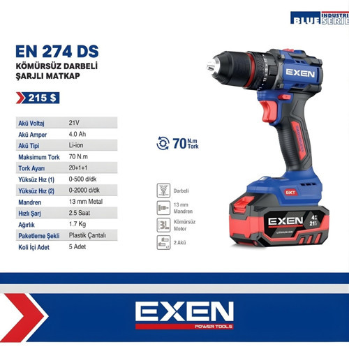 EN 274 DS - 21V 4Ah 70N.m Kömürsüz Darbeli Şarjlı Matkap EX010513