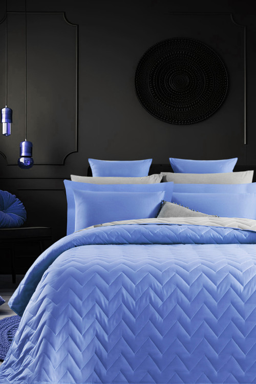 Çift Taraflı Kapitone Çift Kişilik Yatak Örtüsü Seti Mavi