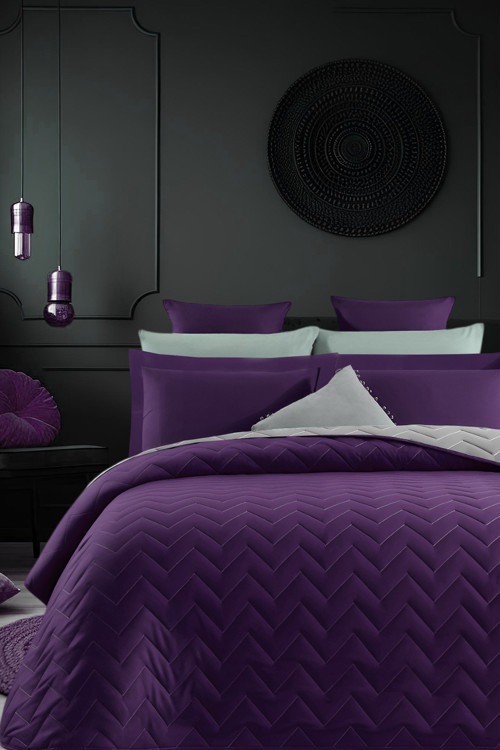 Çift Taraflı Kapitone Çift Kişilik Yatak Örtüsü Seti Mor