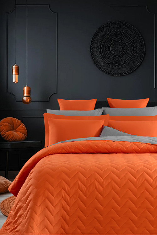 Çift Taraflı Kapitone Çift Kişilik Yatak Örtüsü Seti Turuncu