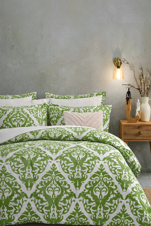 Lastikli Çarşaflı Nevresim Takımı Çift Kişilik Damask Damascoo Yeşil