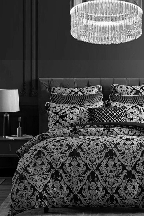 Lastikli Çarşaflı Nevresim Takımı Tek Kişilik Damask Gri