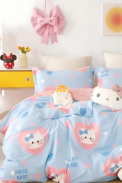 Lastikli Çarşaflı Nevresim Takımı Tek Kişilik Hello Kitty Turkuaz