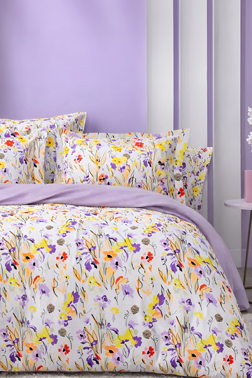 Lastikli Çarşaflı Nevresim Takımı Tek Kişilik Lilac Beyaz