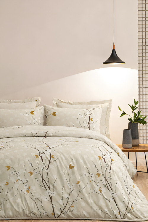 Lastikli Çarşaflı Nevresim Takımı Çift Kişilik Branch Bej