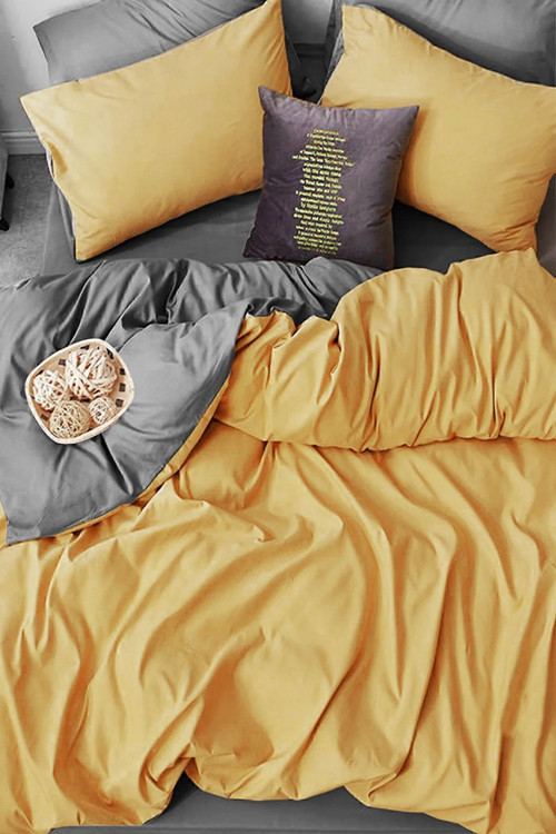 Lastikli Çarşaflı Nevresim Takımı Çift Kişilik Hardal - Gri