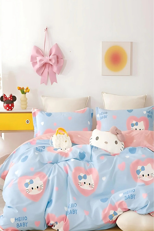Lastikli Çarşaflı Nevresim Takımı Çift Kişilik Hello Kitty Mavii