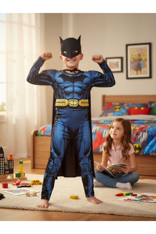 Batman Kaslı Çocuk Kostümü - Siyah & Mavi