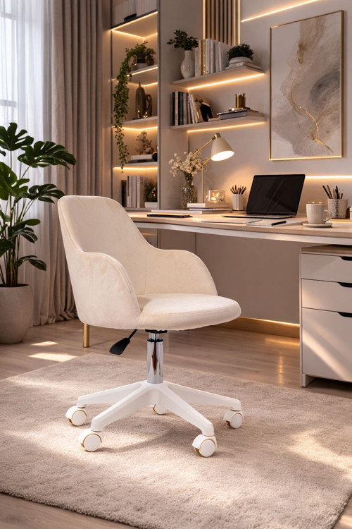 Sude Beyaz Ayaklı Çalışma Koltuğu Tekerlekli Ayarlanabilir Ofis Sandalyesi – Baby Face Kumaş