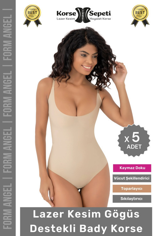 #Korse Kayma Önleyen 2 Beden Küçülten İz Yapmayan Lazer Kesim Göğüs Destekli Body Korse - 5 Adet