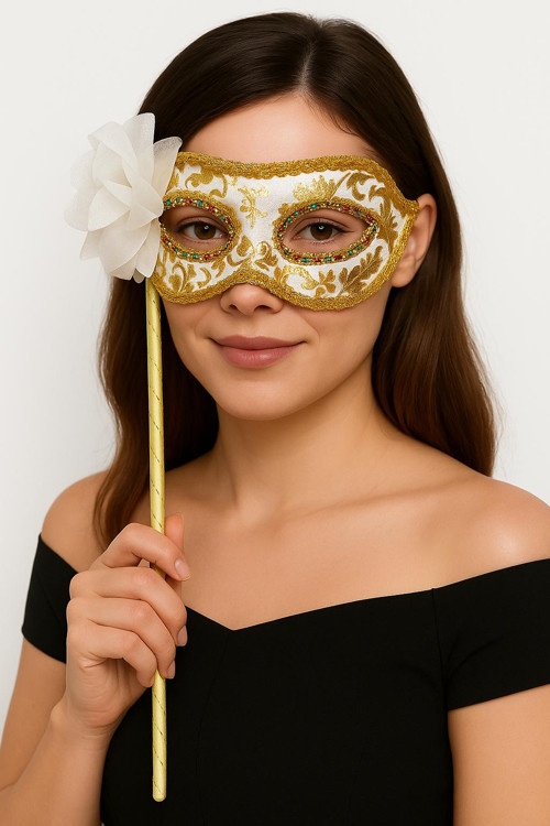 Lüks Taşlı Saplı Maskeli Balo Maskesi Beyaz Renk 35 cm (4887)