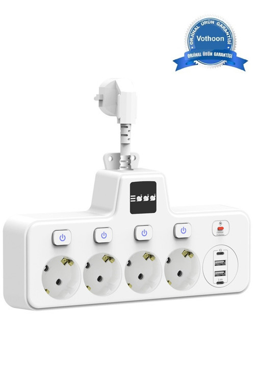 Termal Akım Korumalı 4'lü Duvar Tipi Priz 2x USB 2x Type-C Çıkışlı Grup Priz Çoğaltıcı Beyaz (2500W)
