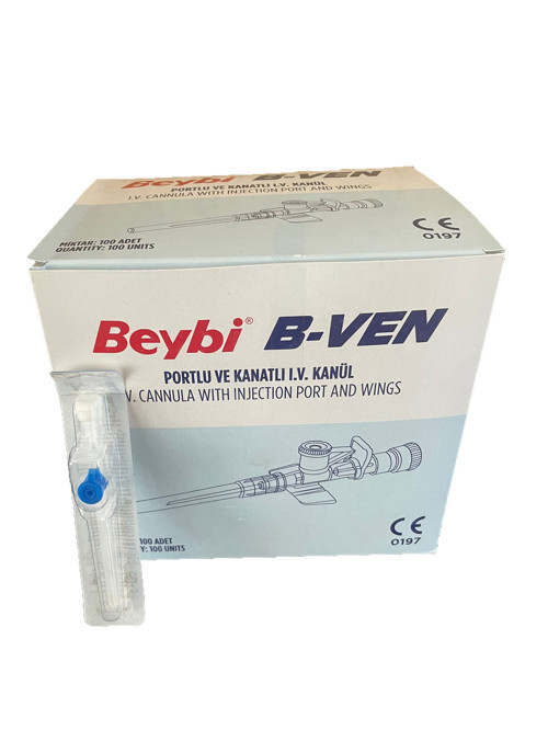Kanatlı ve Enjeksiyon Portlu Mavi Kanül (22G-25mm)100 Adet