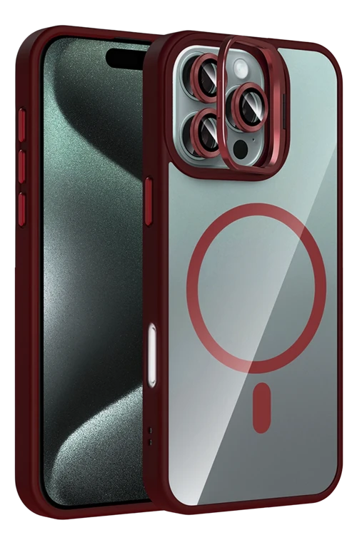 Apple iPhone 16 Pro Max Remim Lensli Magsafe Standlı Kapak - Bordo
