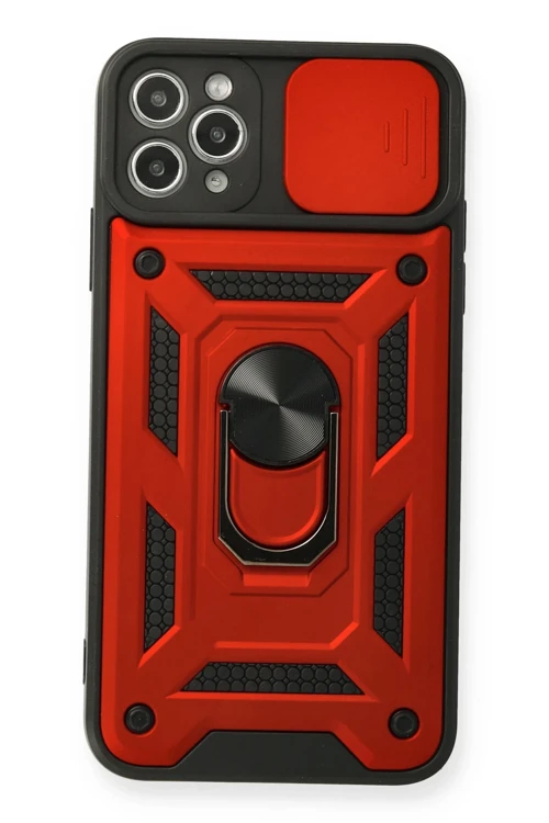 iPhone 11 Pro Max Kılıf Pars Lens Yüzüklü Silikon - Kırmızı